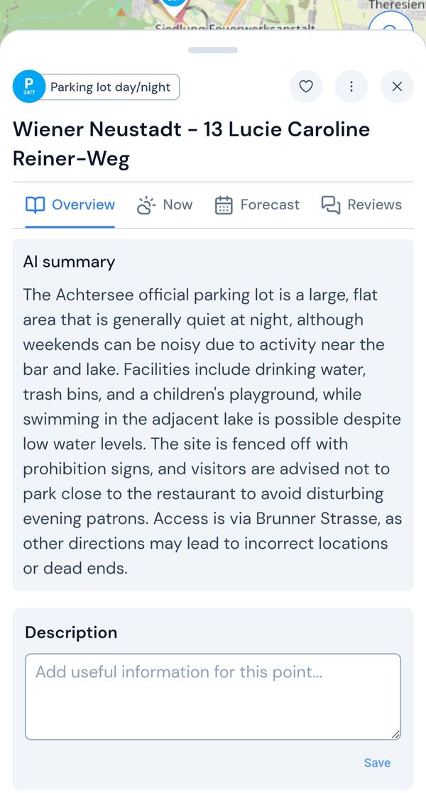 XCmap parking card with an AI summary of what travelers say