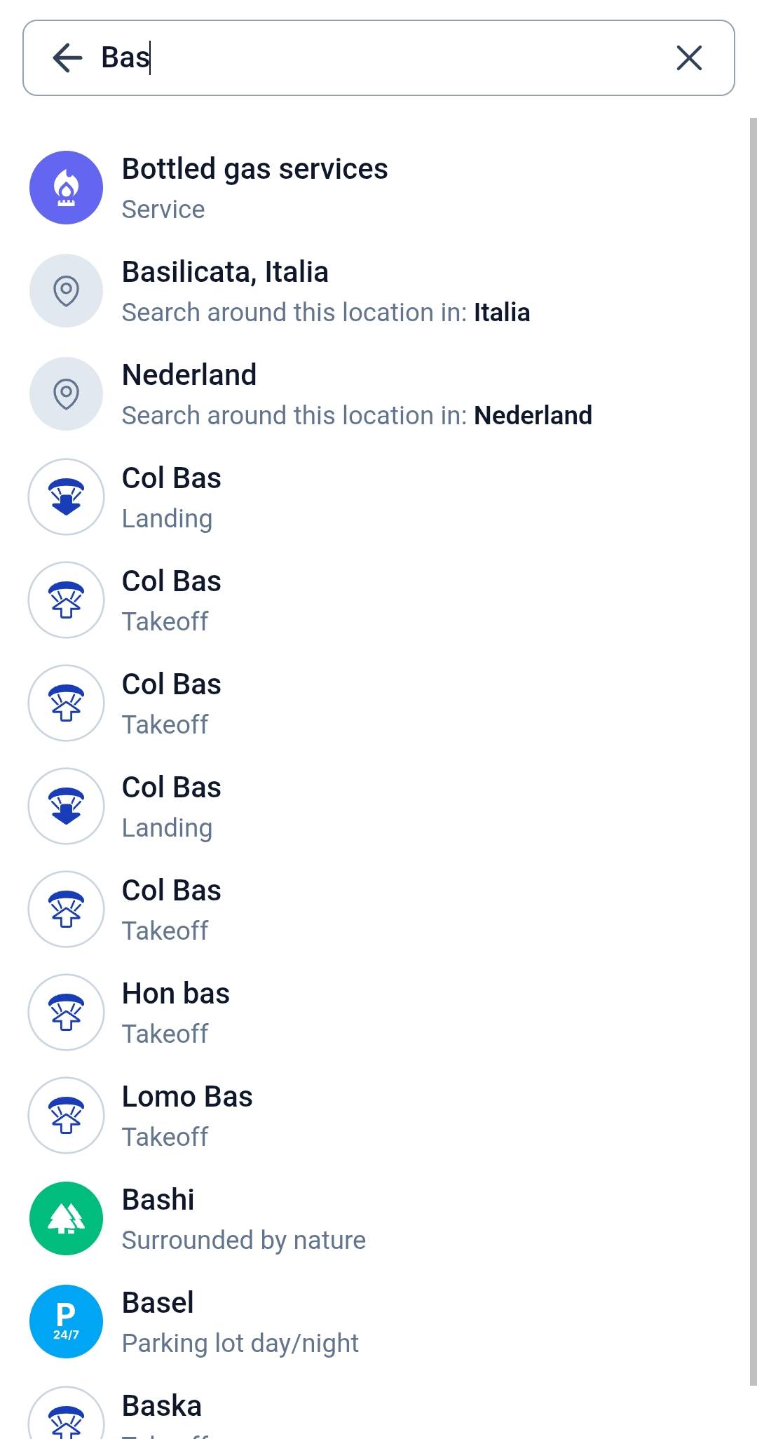 XCmap mobile search results for places, takeoffs, and services