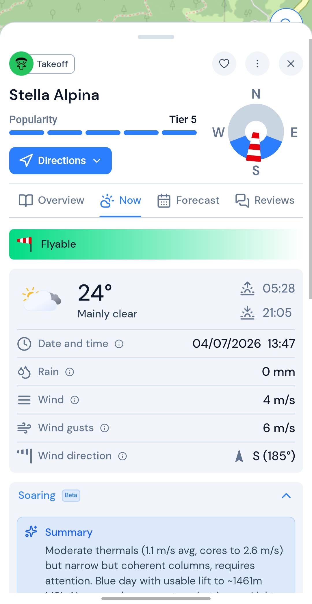Top of the XCmap takeoff card for Stella Alpina: takeoff badge, tier 5 popularity, directions button and a wind rose with the current wind